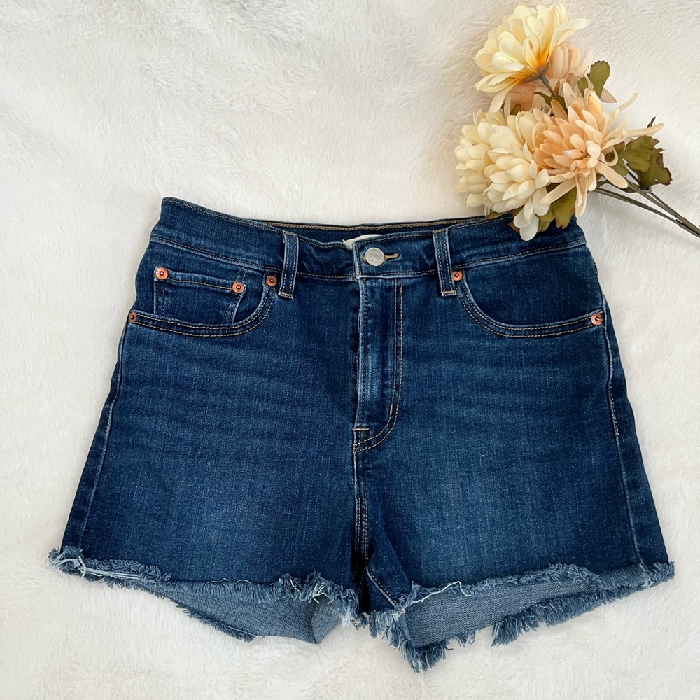 Levi's Blue Jean Shorts with Frayed Hem and High-Waist